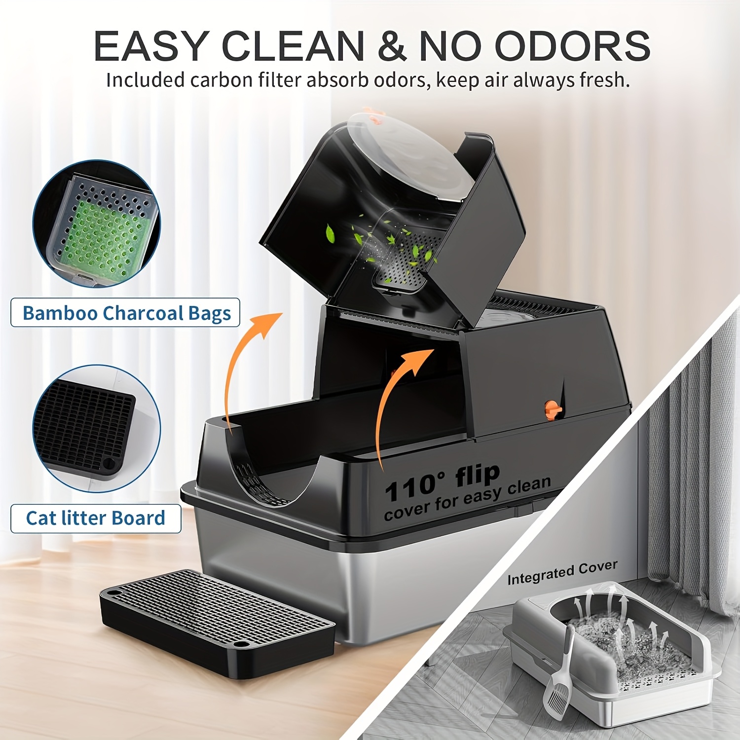 Stainless Steel Cat Litter Box Set, with Deodorizing Block, Featuring An Extra Large 3-in-1 Design with Enclosed/Open Top And Lid, Odorless Litter Pan with High Sides - Image 5