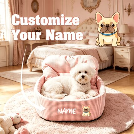 Name/Text Suitable for Small to Medium Dogs & Cats Bed - Thickened Non-Collapsing Plaid Pet Bed with Puppy Name, Assembly, All-Season Cozy Bed for, Suitable for Puppy & Kitty