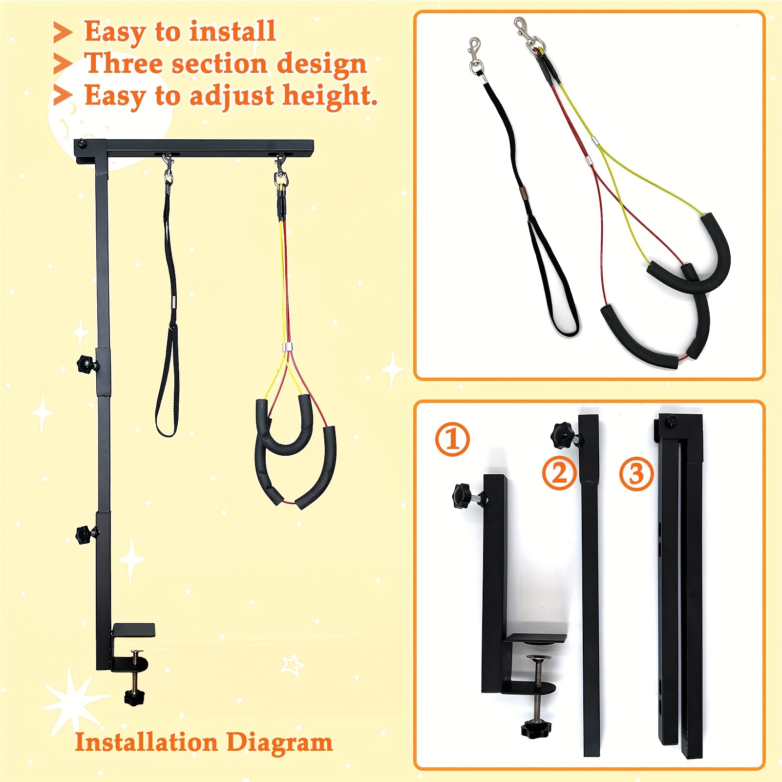 Adjustable 36" Dog Grooming Arm with Clamp - Sturdy Iron, No-Sit Haunch Holder, Three-Section Design for Medium, Small Dogs & Cats, Includes Colorful Ropes for Easy Positioning, Pet Grooming - Image 4