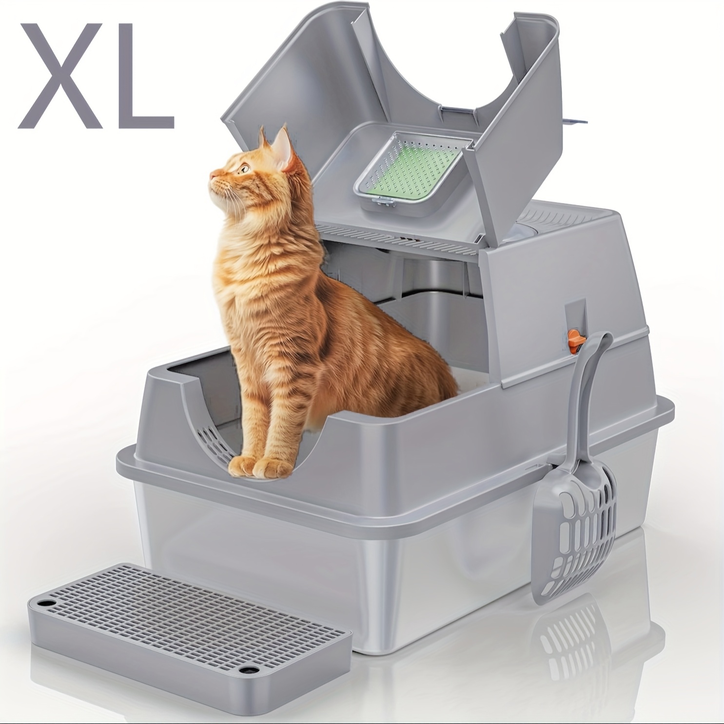Stainless Steel Cat Litter Box Set, with Deodorizing Block, Featuring An Extra Large 3-in-1 Design with Enclosed/Open Top And Lid, Odorless Litter Pan with High Sides - Image 4