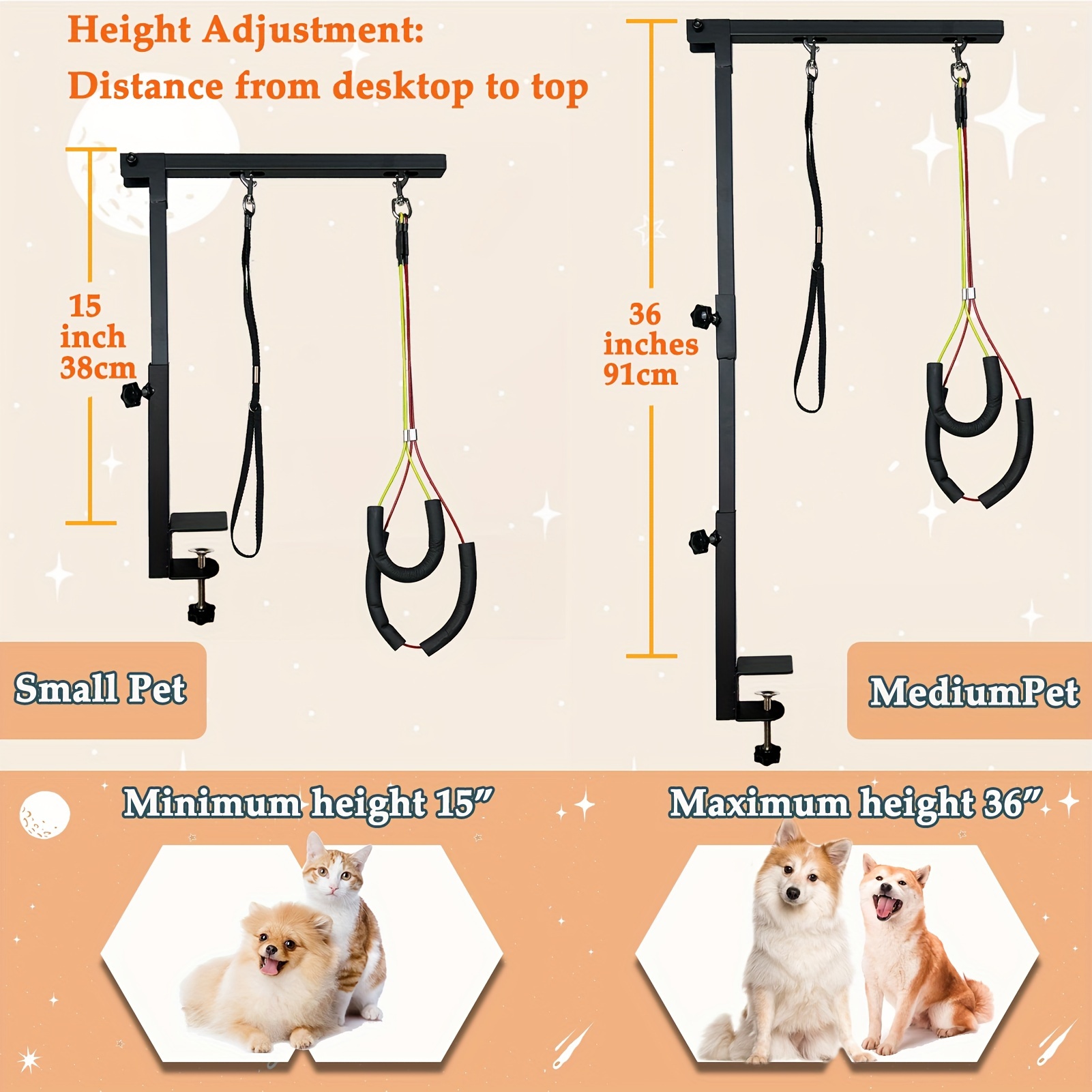 Adjustable 36" Dog Grooming Arm with Clamp - Sturdy Iron, No-Sit Haunch Holder, Three-Section Design for Medium, Small Dogs & Cats, Includes Colorful Ropes for Easy Positioning, Pet Grooming - Image 3