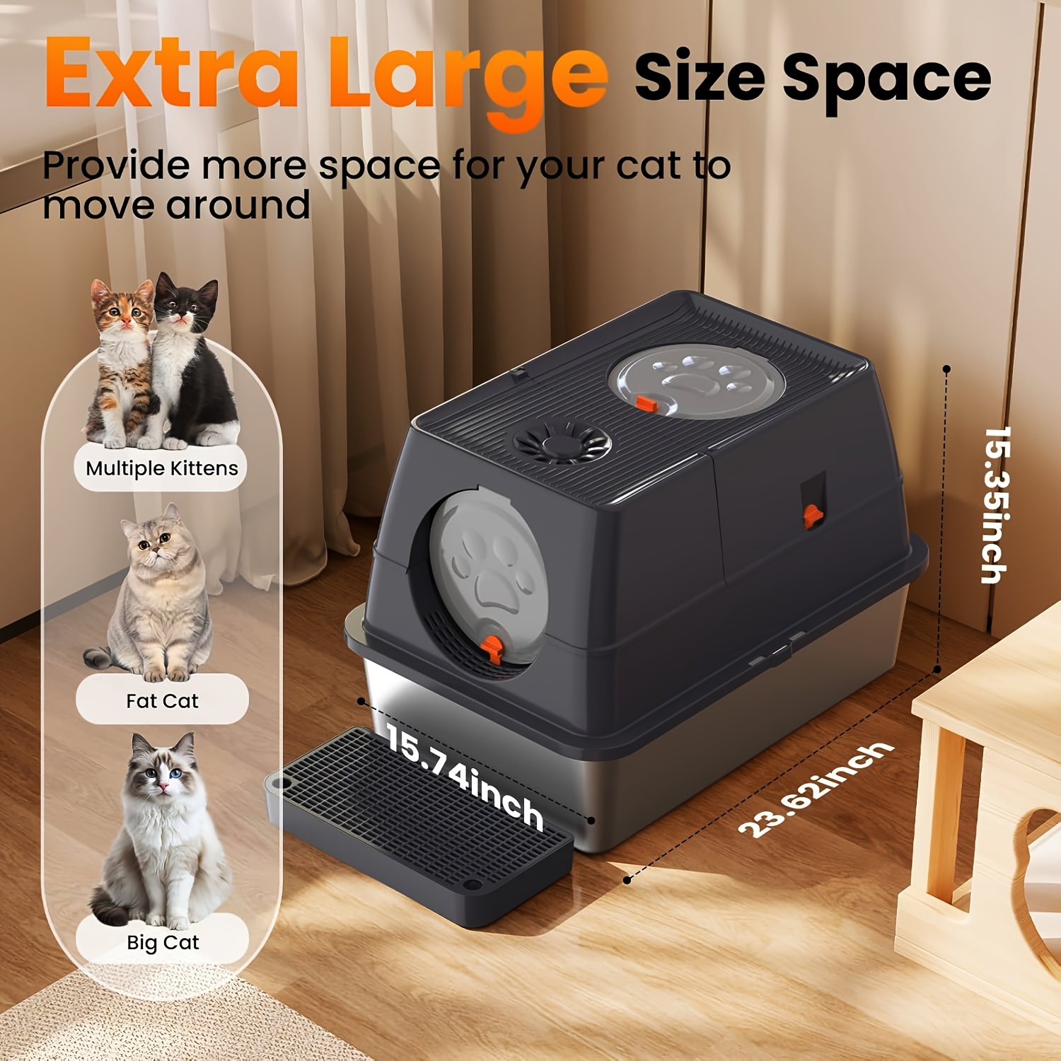 Stainless Steel Cat Litter Box Set, with Deodorizing Block, Featuring An Extra Large 3-in-1 Design with Enclosed/Open Top And Lid, Odorless Litter Pan with High Sides - Image 2