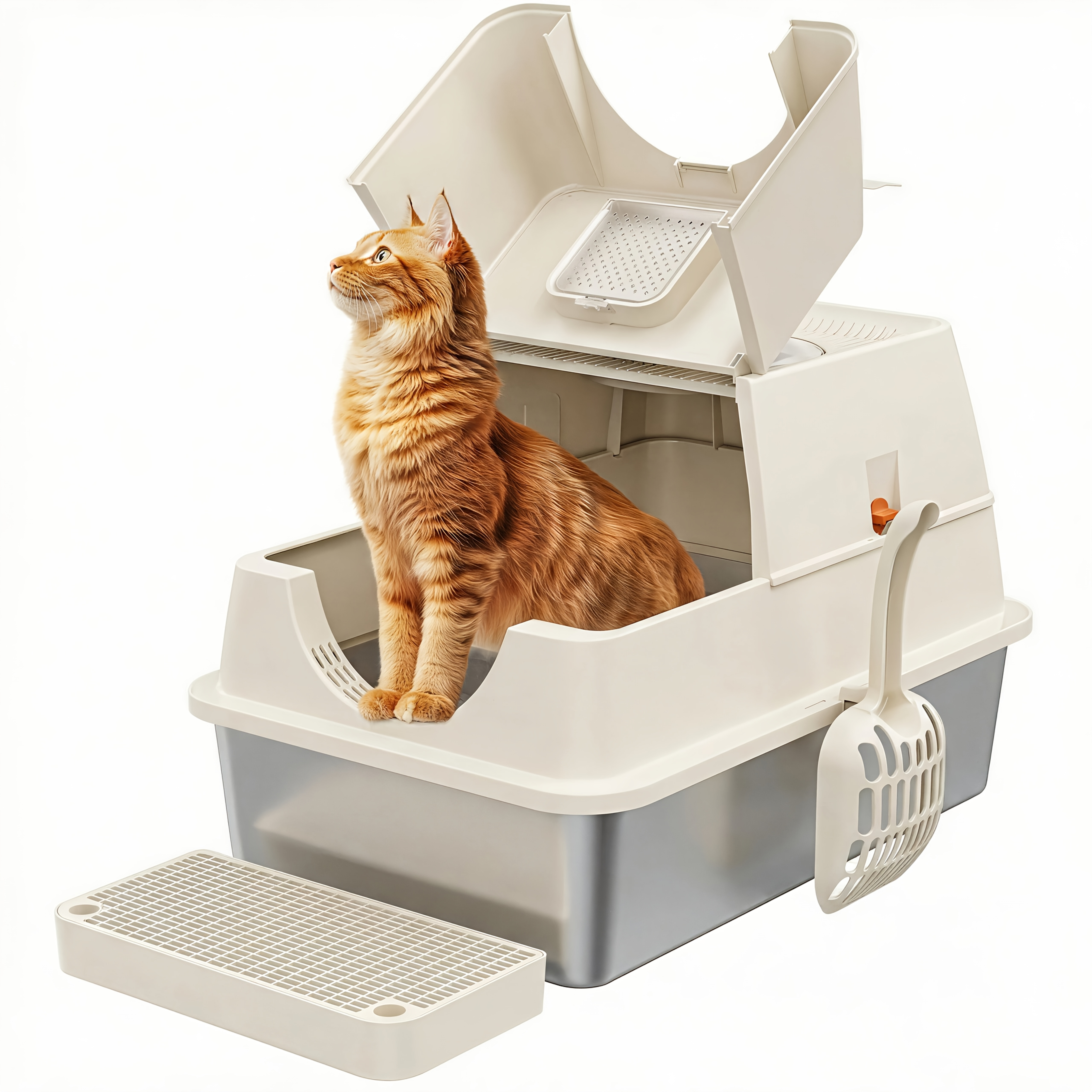 Stainless Steel Cat Litter Box Set, with Deodorizing Block, Featuring An Extra Large 3-in-1 Design with Enclosed/Open Top And Lid, Odorless Litter Pan with High Sides - Image 8