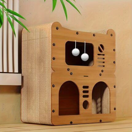 Spacious Cat House for Indoor & Outdoor Use – Multi-Feature Condo with Dual Scratching Boards, Plush Balls, And Ventilation Doors, Ideal for Cats, 21″inch Luxurious Pet Villa with Durable Scratching Surface, Suitable for Halloween GiftChristmas Gift