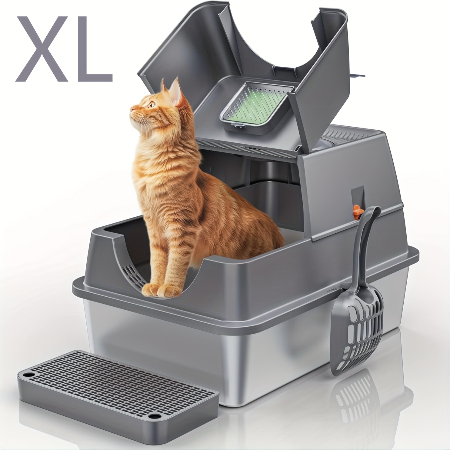 Stainless Steel Cat Litter Box Set, with Deodorizing Block, Featuring An Extra Large 3-in-1 Design with Enclosed/Open Top And Lid, Odorless Litter Pan with High Sides - Image 6