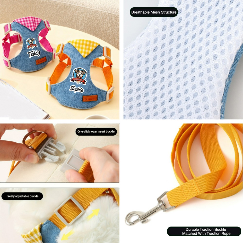Personalized Fashion Plaid Pet Chest Harness Leash Set, Customizable Exclusive Name, Soft And Skin-Friendly Fabric, Adjustable Tightness to Prevent Escape And Pulling, Versatile for All Seasons, Machine Washable, Lightweight And Burden-Reducing - Image 10