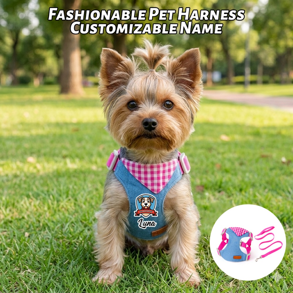 Personalized Fashion Plaid Pet Chest Harness Leash Set, Customizable Exclusive Name, Soft And Skin-Friendly Fabric, Adjustable Tightness to Prevent Escape And Pulling, Versatile for All Seasons, Machine Washable, Lightweight And Burden-Reducing - Image 5