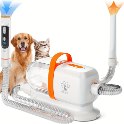 Dual Hose Pet Grooming Vacuum & Dryer Combo, 2‑in‑1 Blowing & Suction Dog Cat Hair Dryer, Low Noise Multifunctional Pet Grooming Kit with Clipper for Shedding Thick Coats