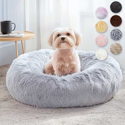 Round Donut Plush Pet Bed, Soft Fluffy Calming Dog Cat Bed, Anti‑Slip Warm Sleeping Cushion for Small Medium Pets, Multiple Colors Available