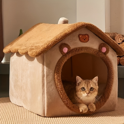 Cute Bear Shaped Plush Pet House | Warm Enclosed Indoor Cat Dog Bed, Cozy Windproof Winter Shelter for Small Medium Pets, Soft Foldable Pet Sleeping Nest